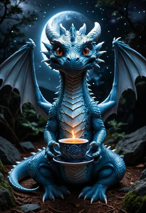 a whimsical scene featuring a small dragon sitting on the ground, the dragon, positioned directly in the center of the image, is facing the viewer with its large, expressive eye, its body is slim and its scales are a vibrant orange, with a glossy texture that catches the light, it is holding a white teacup in its right hand, with its left hand resting on its lap, the background is a starry night sky with a large, glowing blue circle in the upper right corner, adding a sense of depth and mystery to the scene, the overall atmosphere is one of quiet contemplation, inviting the viewer to step into the serene world of the dragon, a small dragon with large, expressive eyes is sitting on the ground in the center of the image, its body is mostly blue with white scales and intricate patterns, it has two hands holding a white teacup in its right hand, there are stars scattered across the dark sky above the dragon, creating an illusion of depth, some clouds have soft glows suggesting nighttime or early morning light, this scene exudes a sense of calm and mystery, digital art style., masterpiece, best quality, very aesthetic, absurdres
zavy-cnmtc zavy-rmlght low-key
