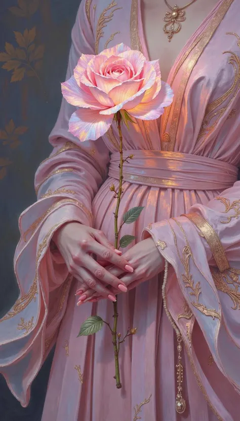 DB4RZ,DB4RZ style painting,a hand-drawn sketch and watercolor style,opalescent inlay,DIGITAL PAINTING,FLUORESCENT, GLOW, A meticulously rendered, hyperrealistic illustration, employing a sophisticated pastel color palette, captures the poignant image of a single, drooping pink rose, delicately held by an unseen figure adorned in a flowing, blush-toned gown. The composition, a close-up medium shot, masterfully utilizes negative space to evoke a profound sense of solitude and melancholy. The focal point, the wilting rose, its petals delicately rendered with soft, ethereal brushstrokes, symbolizes ephemeral beauty and the transient nature of life. The hand, a study in anatomical precision, reveals nothing of its owner, heightening the air of mystery and prompting the viewer to contemplate the narrative behind the image. The absence of a background further emphasizes the symbolic weight of the rose, inviting contemplation on themes of loss, love, and memory.
