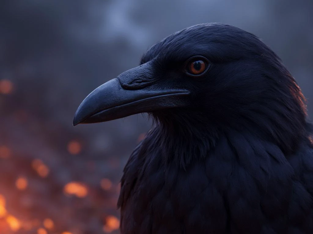 perfection style, a closeup anime art illustration depicting an unforgettable raven. The digital artwork depicts a HDR fantasy scene with dark colors and intricate details. Fine texture, high quality, high resolution, high precision, photorealistic, color correction, appropriate lighting settings, low noise, sharp edges, harmonious composition, award-winning artwork, trending on artstation, sharp focus, studio photo, intricate details, highly detailed, by greg rutkowski), raging fires and billowing smoke, rain and lightning
