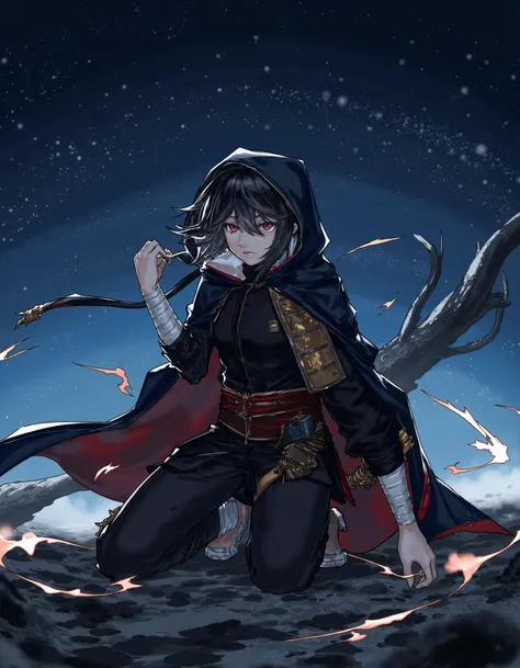 fantasy stylised illustration, anime style, cinematic, full body shot, close up, dynamic pose, perfect composition, covered in shadows shinobi in a dark clothes, feudal Japanese background, (kneeling in the dirt, mud, touching the ground with her hand), midnight, starry skies, baggy clothes moving on the wind, bright glowing gold pauldron striped through the whole body, huge glowing red waist, long fark gloves, white bandages on hands, eyes closed, looking down, expressionism, stature is agile and very graceful, woman, incredible, style of Edwin Austin Abbey, ne0nfant4sy. in the style of gachaak and umesky.