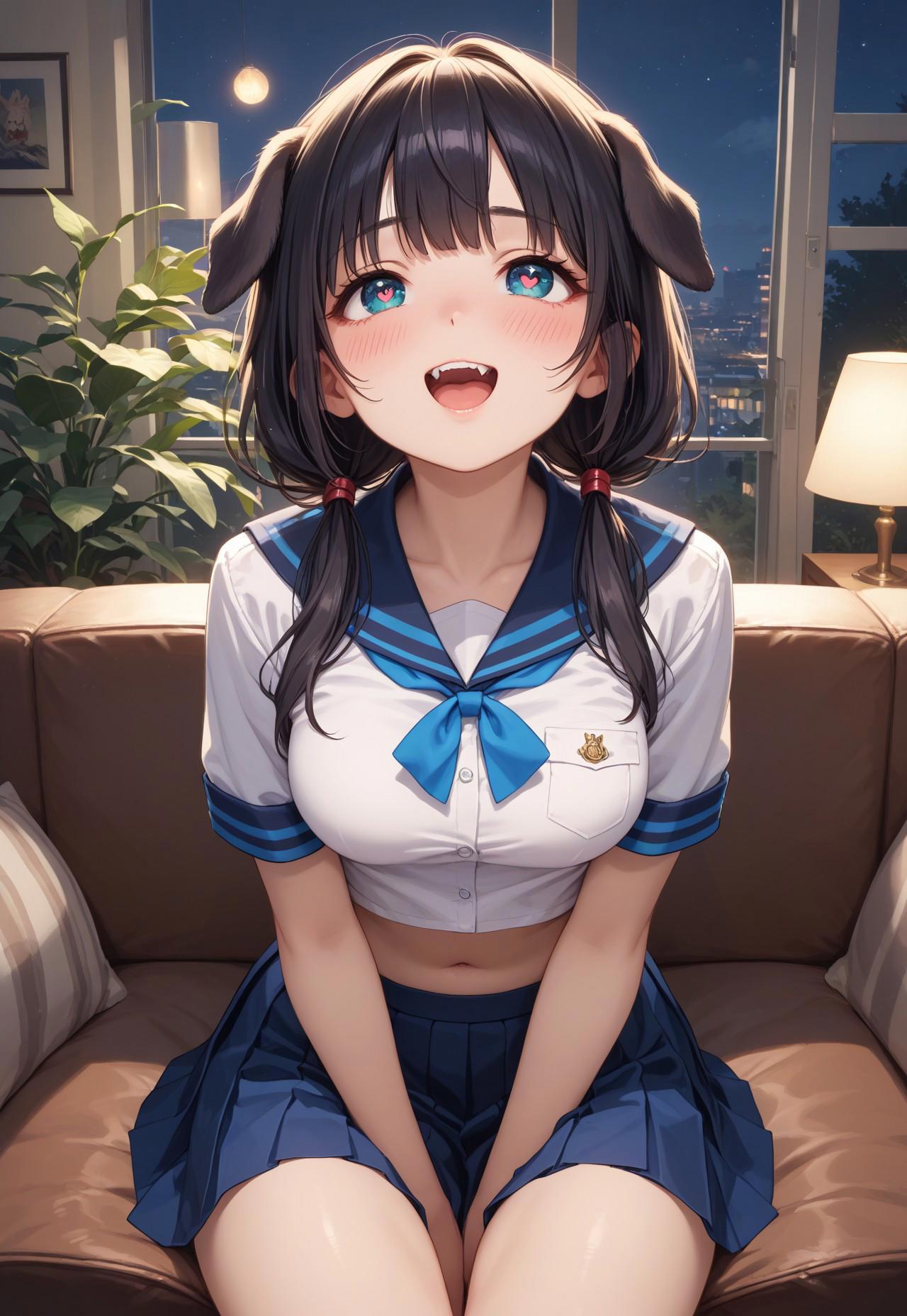 Anime girl sitting on a couch with a cat in her mouth - SeaArt AI