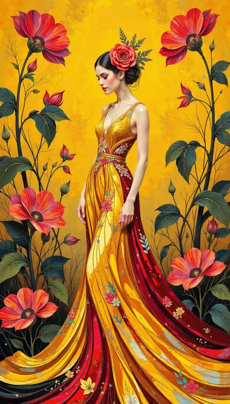 DB4RZ,DB4RZ style painting,a hand-drawn sketch and watercolor style,opalescent inlay,DIGITAL PAINTING,FLUORESCENT, GLOW, A woman in an opulent, saffron yellow gown stands amidst stylized, towering flora against a vibrant yellow backdrop. The woman, with alabaster skin and jet-black hair adorned with a flamboyant floral arrangement, exudes an air of enigmatic elegance. Her gown, a symphony of golden hues, cascades in voluminous folds, accented by a ruby red train that pools at her feet. Rendered in a manner reminiscent of Art Deco posters, the image emphasizes flattened forms, bold outlines, and a limited yet striking palette of yellows, reds, and black. The composition focuses on the woman, who occupies a majority of the frame in a three-quarter pose, her gaze directed slightly downward, lending her an air of contemplative introspection. Stylized flowers, their petals resembling crimson parasols, frame her figure, enhancing the overall sense of dramatic grandeur.