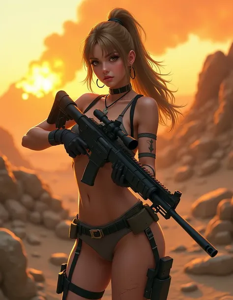 (masterpiece:1.2, 8К resolution, RAW photo, Best quality, Hyper-detailed, Ultra-realistic), 1 girl, ((((perfect very big round butt:1.3, sleeve tattoos and piercings)))), (((very large breasts))), muscular body, abs, Blue eyes, medium length black hair, mini mini top with camouflage print, Sun, a girl stands in the forest with an automatic rifle in her hands, full body shot, tan lines from panties, Full-length rear view