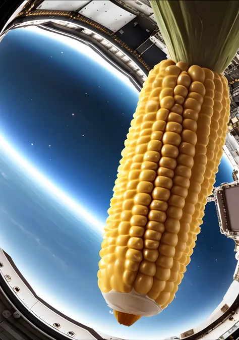 a corncob floating around in the international space station, hyperrealistic photograph, 8k uhd