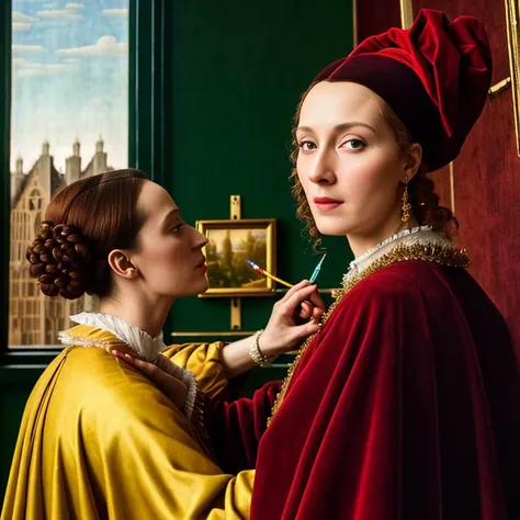 award winning (high quality erotic colored photo),

(((modern representation of Jan van Eyck painting))),

technicolor, cinematic lighting,  reflections,  HDR, 8k resolution,  cinematic film still, smooth,  sharp focus,  realistic,  strobe lightbeams, ((backround defocused)):1.7, (((depth of field))):1.8,
cinestill 800t 35mm, high quality, heavy grain, high detail, cinematic composition, dramatic light, anamorphic, ultra wide lens, hyperrealistic