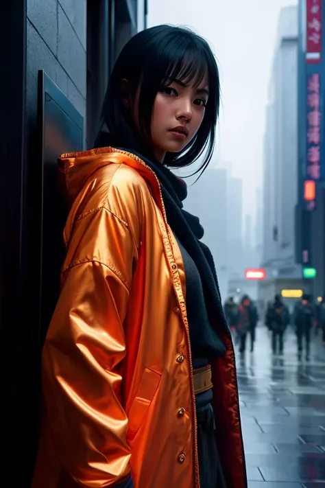 upper body shot photo of the most beautiful artwork in the world featuring a modern ninja female girl, sexy, big eyes, urban tokyo futuristic look, neon lights, night, slow motion, reflections, orange raincoat, intricate detail, nostalgia, heart professional majestic oil painting by Ed Blinkey, Atey Ghailan, Studio Ghibli, by Jeremy Mann, Greg Manchess, Antonio Moro, trending on ArtStation, trending on CGSociety, Intricate, High Detail, Sharp focus, dramatic, photorealistic painting art by midjourney and greg rutkowski