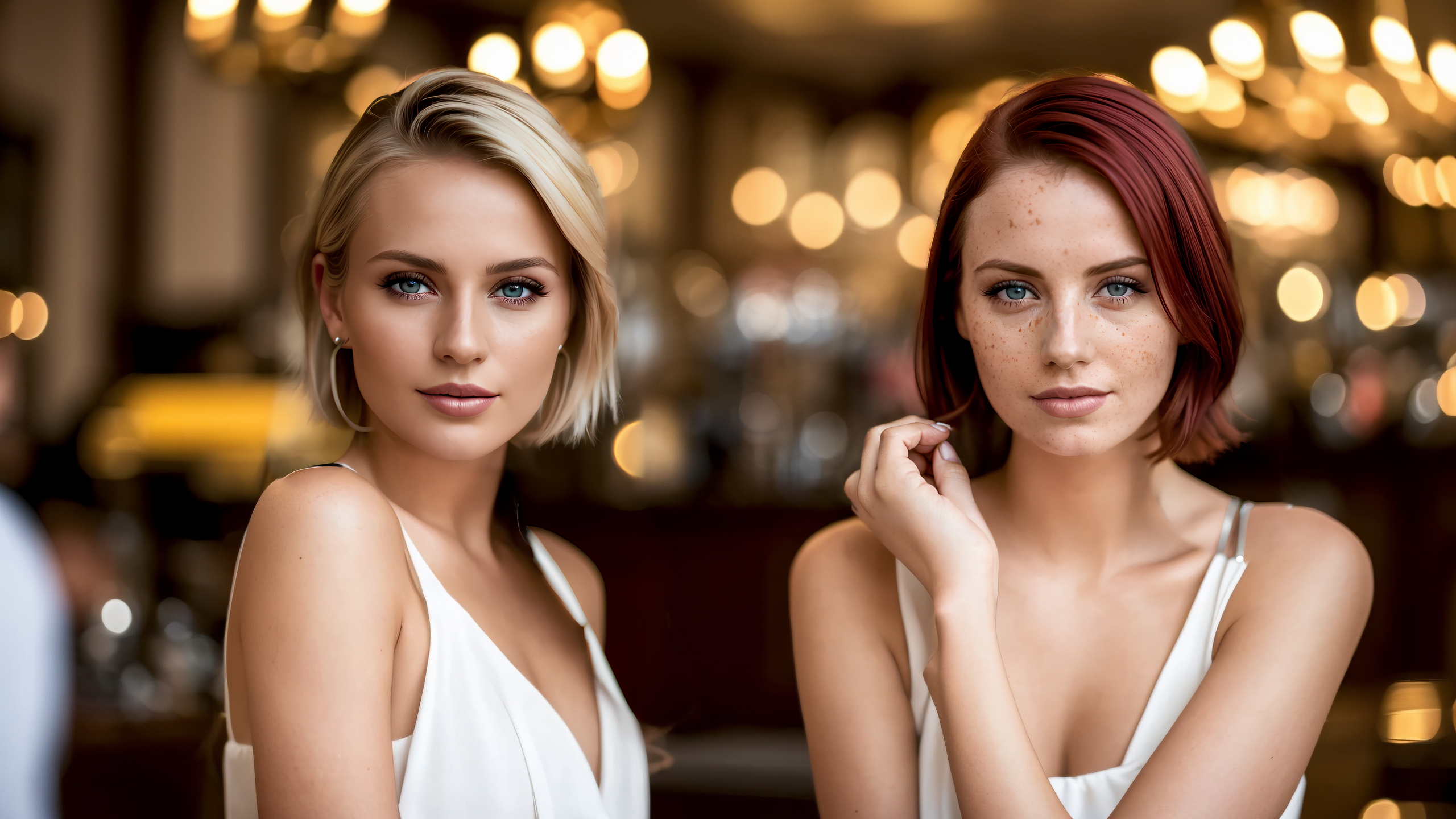 Two women in white dresses posing for a picture in a bar - SeaArt AI
