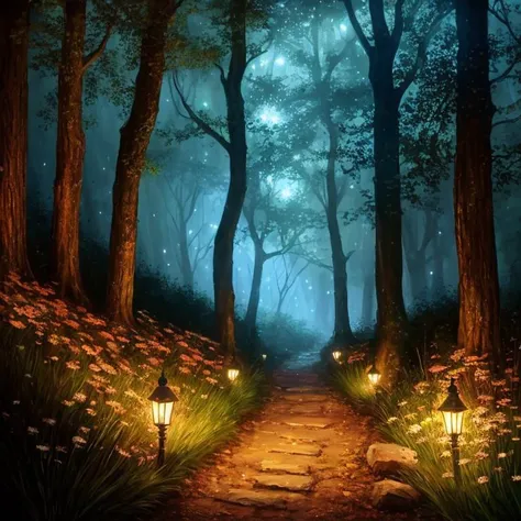 a path in the woods with lights on it and flowers growing on the side of it, with a path leading to the right , chaingirldark style environment, dynamic lighting, photorealistic fantasy concept art, trending on art station, stunning visuals, creative, cinematic, ultra detailed