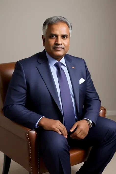 A studio portrait of a 60-year-old Indian male with a stocky body shape, no beard, dressed in a formal suit and tie, sitting on a leather chair, with his hands resting on his lap. The background is a muted grey, which complements the subject's attire. The image is taken with a high-end full-frame camera, using a portrait lens and soft lighting that creates a warm and flattering look. The shot is a head and shoulders portrait, with the subject's gaze directed at the camera, exuding confidence and authority.