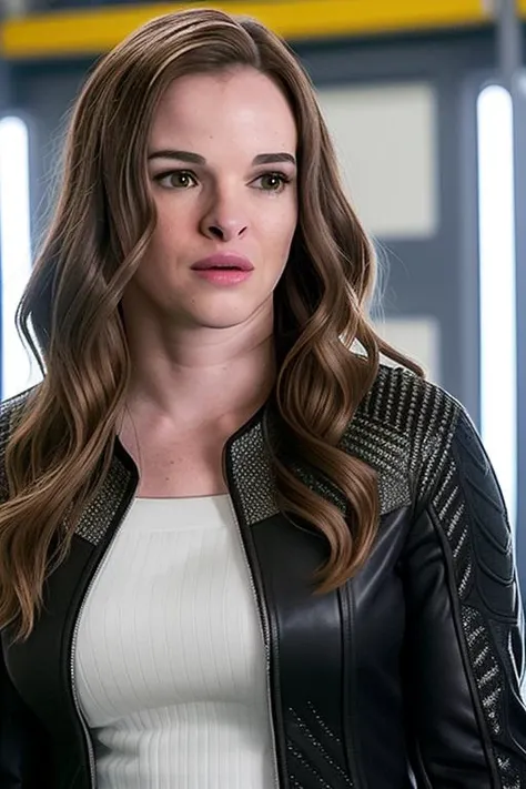 (photo realistic), photo of (DaniellePanabaker) with, long brown hair, wearing a (black intricate long jacket), in a robotics lab, (detailed white pupils:1.3), perfect eyes, (matching eyes:1.3), sharp focus, bokeh, 4K, HDR, accurate shadows, ((hips)), (very high quality), portrait