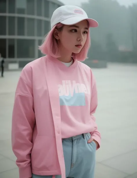 editorial photo of a woman, shot on CineStill 800T, wearing Pastel Supreme apparel, foggy mood, close up shot, 32k, cinematic composition, professional color grading, film grain, atmosphere, wondrous <lora:epiNoiseoffset_v2:1>
