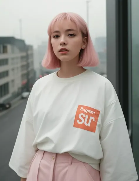 editorial photo of a woman, shot on CineStill 800T, wearing Pastel Supreme apparel, foggy mood, close up shot, 32k, cinematic composition, professional color grading, film grain, atmosphere, wondrous <lora:epiNoiseoffset_v2:1>