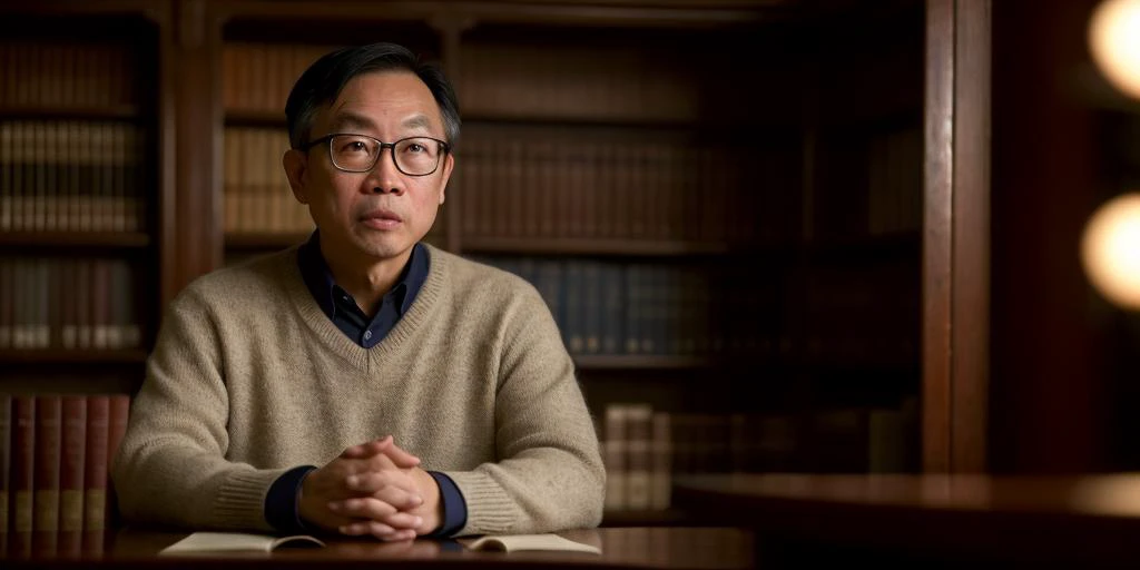 8k, photorealistic, highly detailed, (cinematic:1.3), middle-aged Asian professor working in dimly lit library, wearing sweater <lora:epiNoiseoffset_v2:1> , (dark:1.3), (depth of field), bokeh, film grain, wide shot, soft light, dim illumination, looking at camera