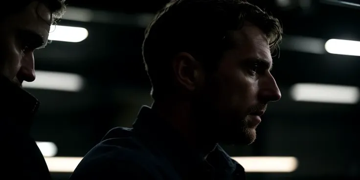 8k, photorealistic, highly detailed, (cinematic:1.3), OTS shot, two people working in dimly lit lab, <lora:epiNoiseoffset_v2:1> , dark, (depth of field), bokeh, film grain, closeup side profile shot, lab computer illuminated, light from under