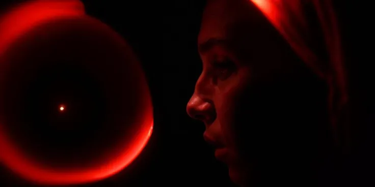 8k, photorealistic, highly detailed, (cinematic:1.3), OTS shot, two people working in dimly lit lab, <lora:epiNoiseoffset_v2:1> , dark, (depth of field), bokeh, film grain, closeup side profile shot, red illumination from below