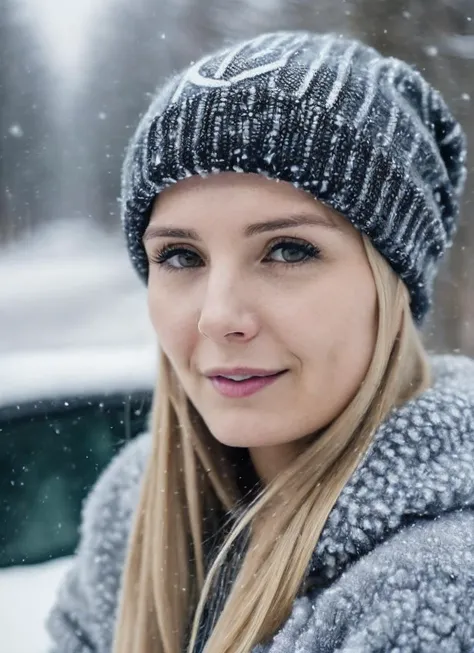 RAW photo of a sks woman, sitting in outdoor car ,winter ,snowy , ((wearing cap)), (detailed face), grunge, ((visual kai)), ((full body)), (high detailed skin:1.2), 8k uhd, dslr, soft lighting, high quality, film grain, Fujifilm XT3, <lora:locon_lauren_v1_from_v1_64_32:1.3>