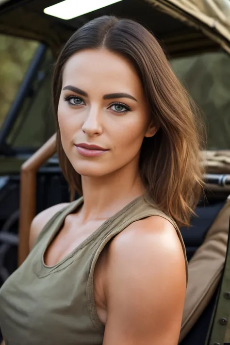 best quality,masterpiece,8k HDR RAW photo, photorealistic:1.4,commercial photography of a beautiful young woman, perfect fitness body,glowing skin, shot with Kodak portra 400, ambient light, in safari outfit, standing by a military jeep, full body shot, film grain,
detail and clear face, beautiful_hld_face,<lora:hld:0.6>