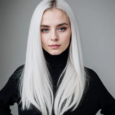 portrait of Clara, polish girl, 23 years old, medium hair, white hair, wide jaw, beautiful eyes, wearing black turtle neck, soft light, studio light, high details, detailed skin, no makeup, smirk, big lips, young look, sony a7s photo