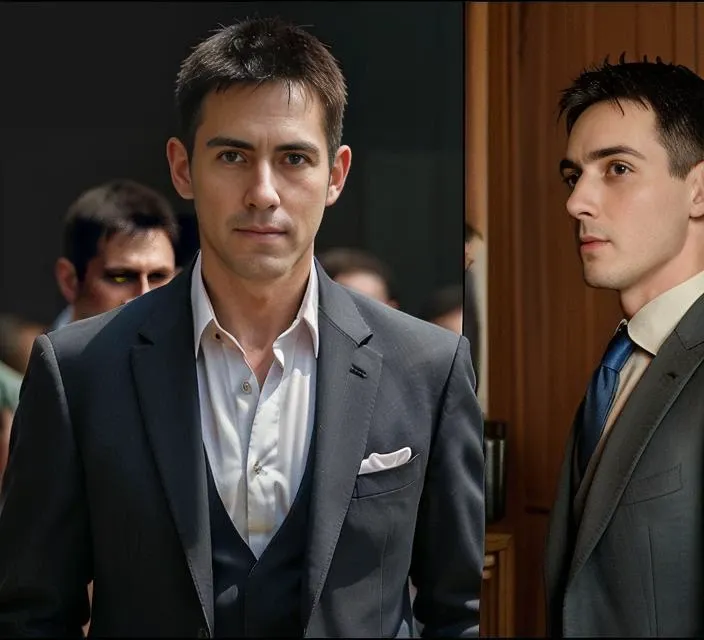 <lora:onOff_v326:1> onoff male, side by side full body photo of a (ww2) male businessman standing in bank, suit and tie, split screen, 2 screens, cloned face, same face, same hairstyle, same person, twins, (well defined face, gentleman:1.3 ), penis, hairy legs, (perspective:1.1), male focus, man, real human skin, navel, navel hair, nipples, pectorals, (style: professional majestic oil painting by Ed Blinkey) , timeless style, middle-aged man, (handsome,sexy,hot mature man),((detailed face and eyes)), 1man, hiqcgbody, hiqcgface, Atey Ghailan, Studio Ghibli, by Jeremy Mann, Greg Manchess, Antonio Moro, trending on ArtStation, trending on CGSociety, Intricate, High Detail, Sharp focus, dramatic, photorealistic painting art by midjourney and greg rutkowski <lora:asianmale_v10:0.4> <lora:peterLikeness10_v10:0.6>