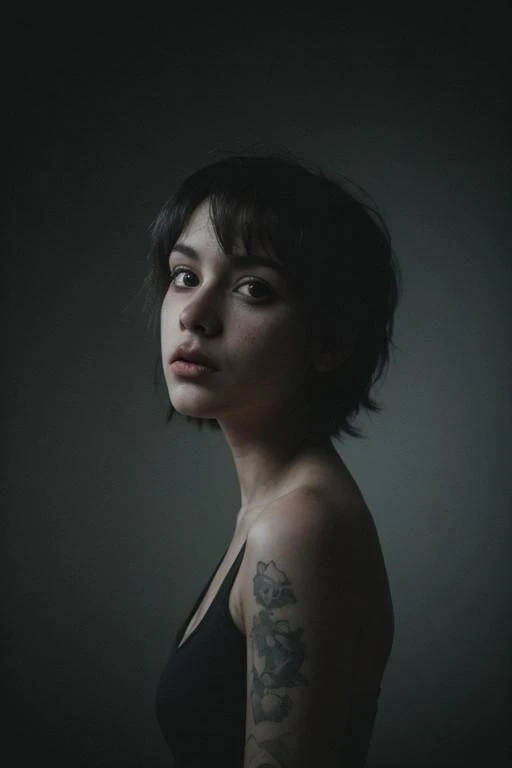 RAW photo of acute petite slim emo girl wearing (a t-shirt) and (tight black pants), dark makeup, tattoos, (short asymmetrical black hair with sidecut), ultra wide shot, hyper-detailed, (disturbing:1.1), (majestic:1.2), (fascinating:1.2), expressions evoking a sense of vogue and fashion magazine ,highly detailed character, dramatic atmosphere, centred, cinematic, (noir:0.9),(intricate details, hyperdetailed:1.15), hard light and shadow ,(matter:1.2), (horror:1.25), directed by shane mcmellen, photo taken with ektachrome, distorted portraiture, gothic dark and moody tones, muted colors, cinematic lighting, instax film, 8k, raw photo, (film grain:1.0), (floating dust particle:1.2), 24mm, on focus, rim light, in the dark, dimly lit, low key, deep shadow,