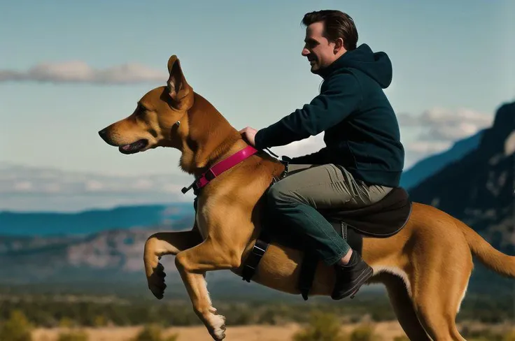 cinematic screenshot of a tiny man riding a dog, masterpiece, best quality, highly detailed, professional color grading, film grain, atmosphere, wondrous, 8k resolution, hyper realistic,