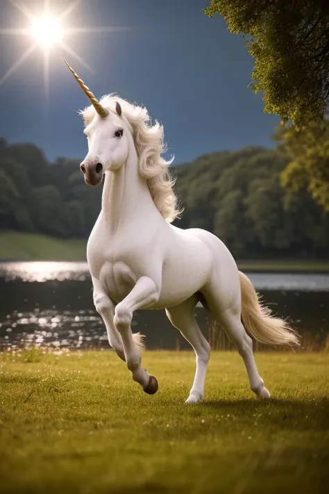 hyper realistic,lifelike texture,dramatic lighting,Nikon RAW photo,8k,Fujifilm XT3,masterpiece,best quality,realistic,(photorealistic:1.4),ultra detailed,,
A free white unicorn,
film portrait,
Running in the forest,
(in the lakeside:1.2),moon night light lake glass,
(a unicorn),
\(full body view:1.6\),
(fantasy:1.2),
(lens flare:1.2),