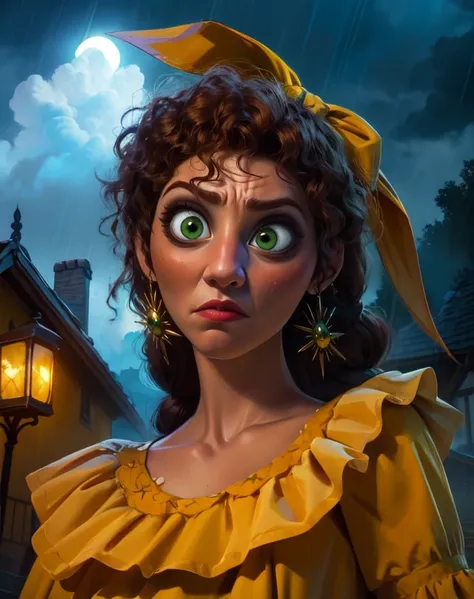 pepa,green eyes,brown hair,braid,
yellow dress,earrings,hair bow,cleavage,
standing,upper body,cowboy shot,serious,from below,
village,night,rain,cloud above head,wet,
(insanely detailed, beautiful detailed face, masterpiece, best quality),<lora:pepaENC:0.8>,