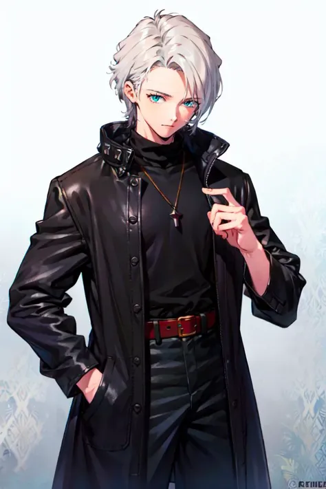 <lora:Sadamoto_Yoshiyuki_style_v01:1> cowboy shot,, ultra detailed, masterpiece, best quality, aesthetic, detailed,, solo, 1boy, teal eyes, <lora:Tsurime3:1>, (tsurime:1.2), parted bangs, white hair, medium hair, straight hair, shoulder-length hair, male focus,, coat, shirt, pants, studded belt, multiple belts, combat boots, torn clothes, necklace, black coat, black and green theme,