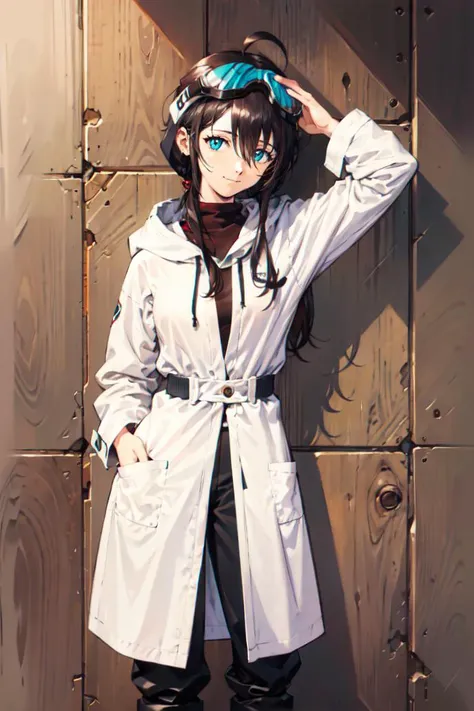 <lora:Sadamoto_Yoshiyuki_style_v01:1> cowboy shot,, ultra detailed, masterpiece, best quality, aesthetic, detailed,, solo, soft smile, light smile, 1girl, aqua eyes, black hair, <lora:low_ponytail-1.0:0.95> low ponytail, ahoge, absurdly long hair, very long hair, hair flaps, hair between eyes, bangs, messy hair, small breasts, (goggles on head:1.2),, hooded coat, open coat, turtleneck, capri pants, black knee boots, multiple straps, white coat, layered clothes, hair ribbon, pants under skirt,