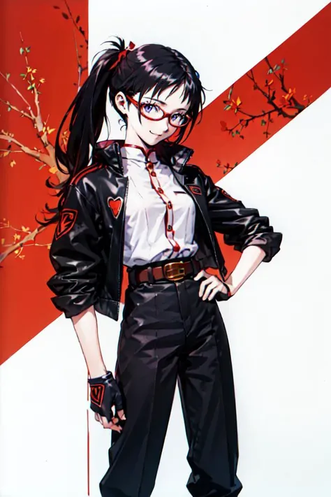 <lora:Sadamoto_Yoshiyuki_style_v01:1> cowboy shot,, ultra detailed, masterpiece, best quality, aesthetic, detailed,, solo, smug smile, 1girl, purple eyes, red-framed eyewear, (black hair, red colored tips:1.2), red streaked hair, very long hair, side ponytail, tied hair, medium breasts,, <lora:StS-Coat-and-Jacket-On-Shoulders-Iteration2:0.7> dataset, jacket on shoulders, coat on shoulders, red dress, sleeves rolled up, fingerless gloves, holster, belt, multiple belts, combat boots, bulletproof vest, pants, black coat, tactical clothes,
