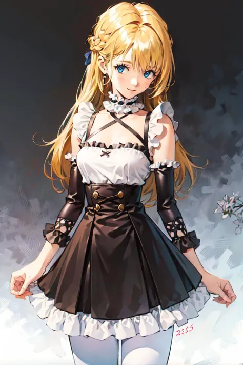 <lora:Sadamoto_Yoshiyuki_style_v01:1> white and blue theme,, ultra detailed, masterpiece, best quality, aesthetic, detailed,, solo, soft smile, light smile,
1girl, blue eyes, very long hair, blonde hair, long blonde hair, french braid, bangs, medium breasts,, hair ribbon, frilled choker, criss-cross halter, sleeveless dress, high-waist skirt, backless dress, waist bow, detached sleeves, frilled sleeves, wide sleeves, pantyhose, patterned legwear, mary janes,