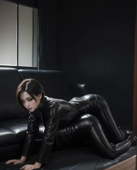 A picture of (2 girls), (masterpiece), (realistic portrait), they are (Ada Wong REO), they are having sex on a sofa, performing doggy style from the back, they are wearing (black horsehide pants), and (black horsehide maxi long coat), they are in a (dark loungeroom), (leather sofa, leather pillows), the loungeroom has wood wall, it is old and dim, a window showing it is (midnight) outside, dark theme, they are seductive, they are (lesbian), <lora:Doggystyle:0.8>, <lora:LowRA:0.4>, <lora:adawong:0.2>