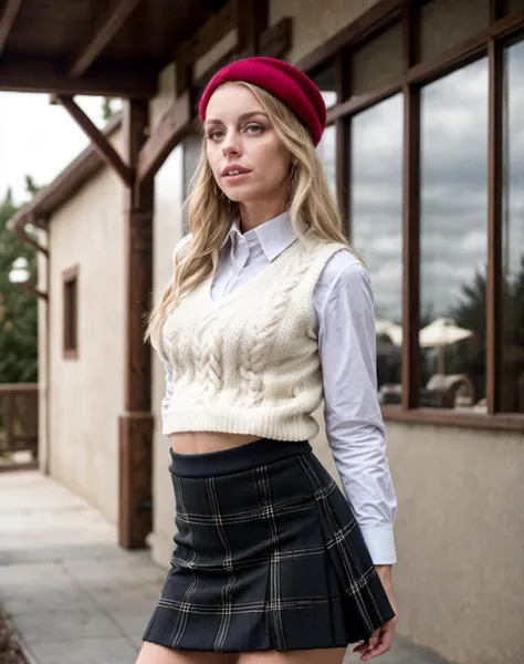 cinematic film still <lora:quiron_KiraThorn_v1_lora:0.77> KiraThornQuiron woman, knit sweater vest, plaid skirt, knee-high socks, beret . shallow depth of field, vignette, highly detailed, high budget Hollywood movie, bokeh, cinemascope, moody, epic, gorgeous, film grain, grainy