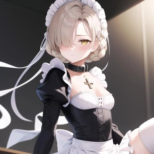 (masterpiece, best quality:1.2),illustration,8k,hd,absurdres,1girl,solo,upper body,maid_headdress,high_heel_boots,hair_over_one_eye,long_sleeves,high_heels,white_thighhighs,blonde_hair,frills,cross,knee_boots,yellow_eyes,juliet_sleeves,white_apron,braid,black_dress,looking_at_viewer,frilled_apron,puffy_sleeves,short_hair,white_ribbon,garter_straps,small_breasts,bangs,white_footwear,maid_apron,collar,cross-laced_footwear,<lora:Sheffield(azur)>,