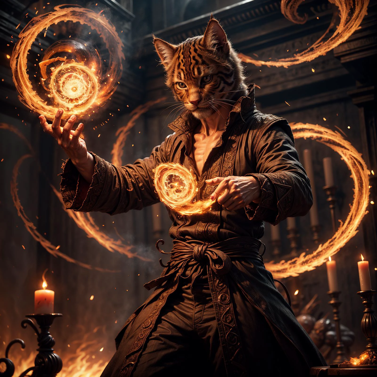 <lora:Concept - Pyromancer:.65><lora:more_details:.5> realistic, ((masterpiece)), ((best quality)), (detailed), cinematic, dynamic lighting, soft shadow, detailed background, professional photography, depth of field, intricate, RAW photo of a detailed (humanoid feline:1.4) wizard wearing an ornate robe, standing at a work bench,pyromancer, dynamic pose,, casting spell, swirling fire, flames, (swirling embers:1.2), smoke, in a wizards laboratory, books, tools, science experiments, candles, vials and test tubes,