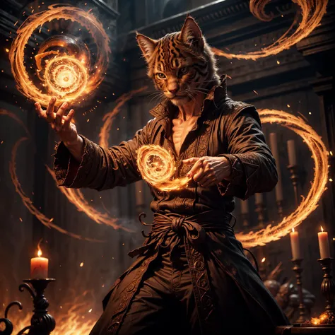 <lora:Concept - Pyromancer:.65><lora:more_details:.5> realistic, ((masterpiece)), ((best quality)), (detailed), cinematic, dynamic lighting, soft shadow, detailed background, professional photography, depth of field, intricate, RAW photo  of a detailed (humanoid feline:1.4) wizard wearing an ornate robe, standing at a work bench,pyromancer, dynamic pose,, casting spell, swirling fire, flames, (swirling embers:1.2),  smoke, in a wizards laboratory, books, tools, science experiments, candles, vials and test tubes,