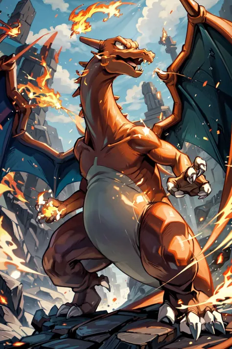 solo, <lora:Charizard_Pokemon:0.8>, Charizard_Pokemon, two wings, dragon, grass, rocks, <lora:add_detail:0.7>, <lora:Concept - Pyromancer:0.3>, pyromancer, fire, dynamic pose,