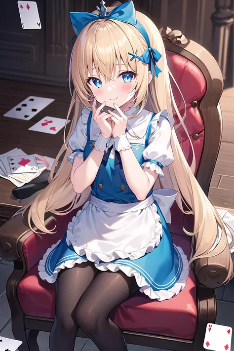 1girl, solo, long hair, blue eyes, blonde hair, crown, sitting, pantyhose, dress, bow, card, apron, hairband, playing card, looking at viewer, short sleeves, hair bow, blue hairband, smile, blush, hand on own face, blue dress, alice (alice in wonderland), hair between eyes, chair, black pantyhose, blue bow, throne, puffy sleeves, hand on own cheek, bangs, puffy short sleeves, ribbon, very long hair, mini crown, feet out of frame, frills, white apron, :q, masterpiece, best quality,