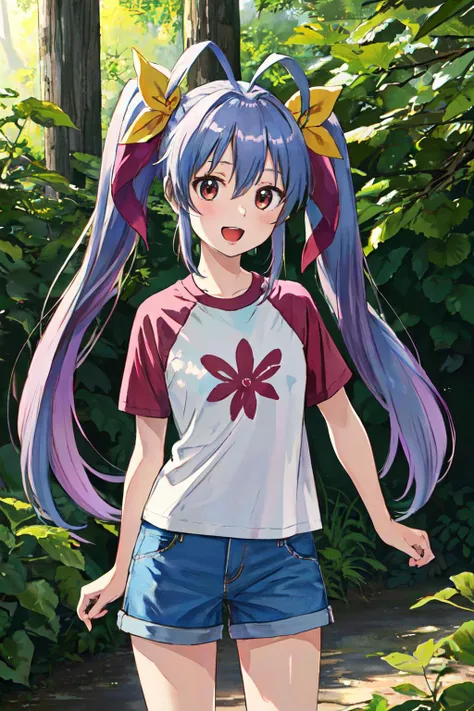 <lyco:Renge_loha_v1.0:0.7>
 miyauchi renge, shirt, hair ribbon, ribbon, shorts, twintail, open mouth, nature,
(best quality, masterpiece, RAW photo,ultra-detailed:1.2), <lyco:GoodHands-beta2:1.0>,1girl,solo,looking at viewer,smile