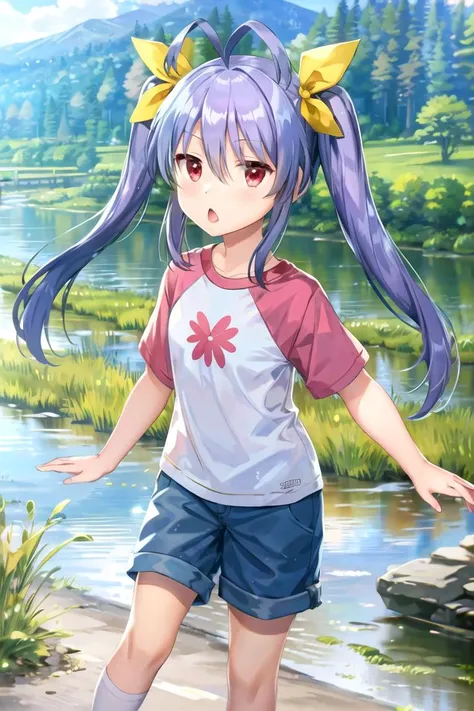 masterpiece, best quality, 1girl, <lyco:Renge-000008:1.0>, miyauchi renge, shirt, hair ribbon, ribbon, shorts, outdoors, nature, river, triangle mouth