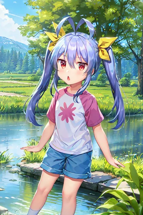 (((512-bit graphics))) masterpiece, best quality, 1girl,  <lyco:miyauchi renge als trigger:1.0>, miyauchi renge, shirt, hair ribbon, ribbon, shorts, outdoors, nature, river, triangle mouth