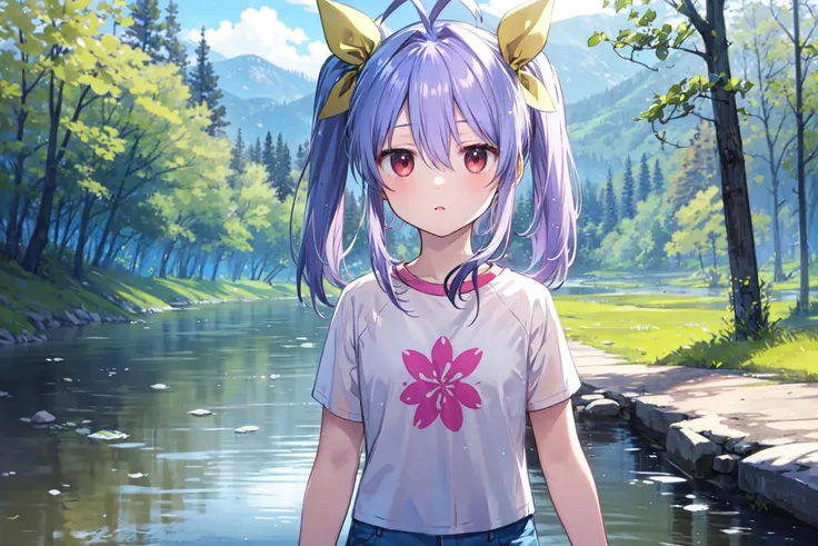 masterpiece, 1girl, miyauchi renge, shirt, hair ribbon, ribbon, shorts, outdoors, nature, river, flower, denim shorts, <lora:Renge_loha_v1.0:0.75>, upper body,( sad:0.5), <lora:colorize:0.8>