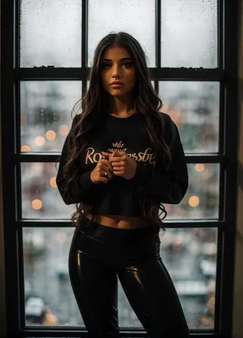 <lora:@mbreV_962:1> @mbrev, (((masterpiece))),(((best quality))),highly detailed, (1girl), standing in front of a window, wearing yoga pants and sweatshirt, raining outside, detailed water, city lights reflecting off the window, dusk, dynamic lighting, shadows, kodak film, high budget, bokeh, moody, epic, gorgeous, film