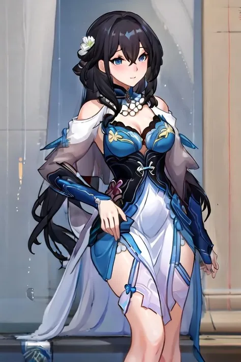 Long hair that seems to reach down to the blue toes、Brown skin、Long, blue eyes、low length、K Cup Bust、Open-chested clothing、Black long skirt、Arms crossed