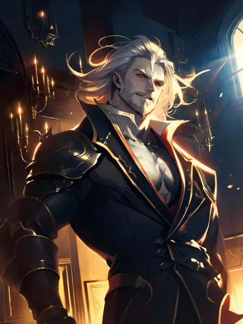 masterpiece,best quality,highres,cinematic lighting,dramatic angle,<lora:ShadowverseUriasV1:0.85> ,1man,mature male,white hair,beard,black suit,red eyes,vampire,pale skin,:d,clenched teeth,evil smile,magic,dark magic,fangs,muscular,cleavage