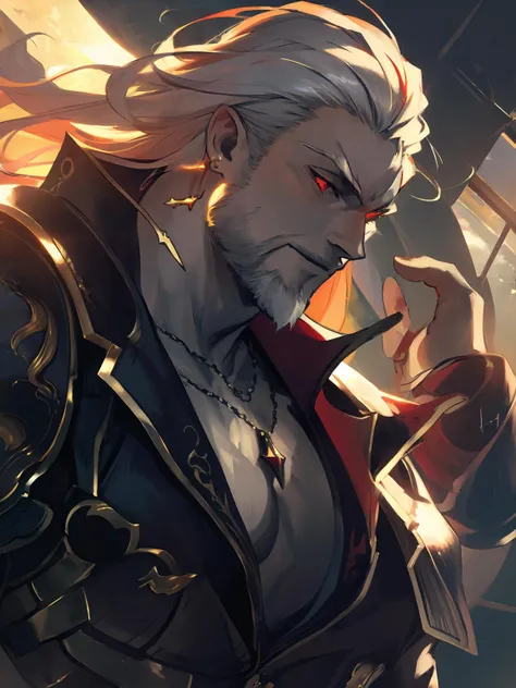 masterpiece,best quality,highres,cinematic lighting,dramatic angle,<lora:ShadowverseUriasV1:0.85> ,1man,mature male,white hair,beard,black suit,red eyes,vampire,pale skin,smile,muscular,cleavage,gauntlets,claws,claw_(weapon),cowboy shot,floating hair,earrings,necklace,holding a red spider lily,in the ruins of piles of gears and metals,sunshine,portrait,close-up