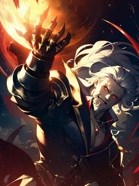 masterpiece,best quality,highres,cinematic lighting,dramatic angle,<lora:ShadowverseUriasV1:0.85> ,1man,mature male,white hair,beard,black suit,red eyes,vampire,pale skin,:d,clenched teeth,evil smile,magic,dark magic,fangs,muscular,cleavage,gauntlets,claws,claw_(weapon),looking at viewer,cowboy shot,floating hair,earrings,necklace,blood,glowing eyes,casting spell,blood magic,aura