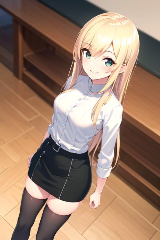 ((masterpiece, best quality)),1girl,standing,indoors,from above,medium breasts,leila overlock, leila, blonde_hair, ore dake haireru,(( white shirt,pencil skirt, smile,black thighhighs)) <lora:leilamix:0.7>