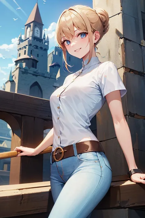 ((masterpiece,best quality)), absurdres,
<lora:Gwyneth_AFK:0.7>, Gwyneth_AFK, white shirt, (blue denim jeans),
solo, smiling, looking at viewer, cowboy shot,
castle in background, cinematic composition, dynamic pose,
