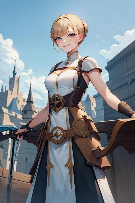 ((masterpiece,best quality)), absurdres,
<lora:Gwyneth_AFK:0.7>, Gwyneth_AFK, long dress,
solo, smiling, looking at viewer, cowboy shot,
castle in background, cinematic composition, dynamic pose,